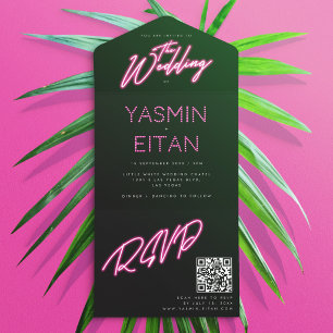 Invitación Todo En Uno Boda de chica con luces de neón rosa caliente