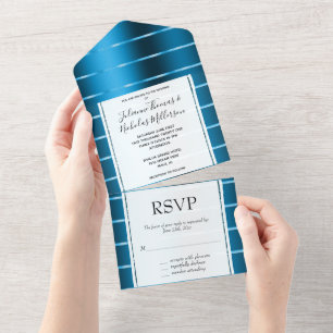 Invitación Todo En Uno Boda de cinta dorada real azul