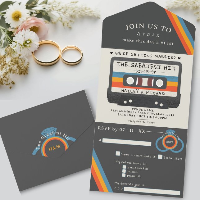Invitación Todo En Uno Boda de cinta Retro Greatest Hit Cassette (Retro Greatest Hit Cassette Tape Wedding All In One Invitation)