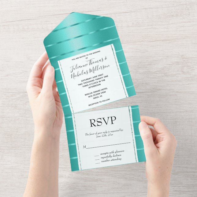 Invitación Todo En Uno Boda de cinta verde azul turquesa (desgarro)