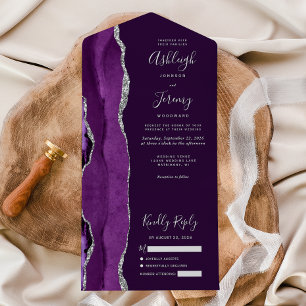 Invitación Todo En Uno Boda de ciruela de ágata plateada púrpura moderna