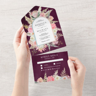 Invitación Todo En Uno Boda de ciruelas de gramíneas Rubor Pink Floral Bo