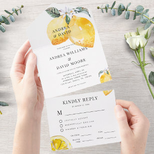 Invitación Todo En Uno Boda de cítricos florales de color limón blanco