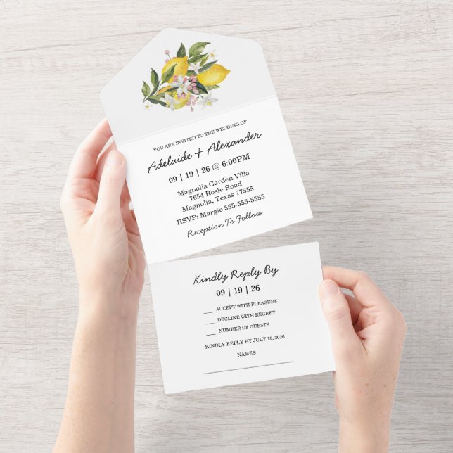 Invitación Todo En Uno Boda de cítricos limón mediterráneo (desgarro)