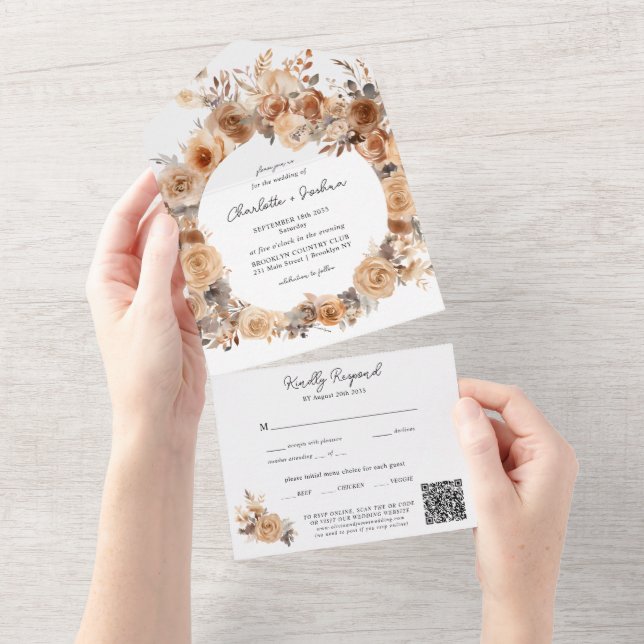 Invitación Todo En Uno Boda de código de Terracota floral bohemia moderna (desgarro)
