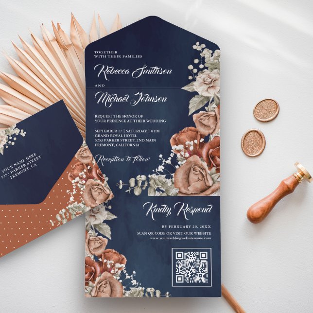 Invitación Todo En Uno Boda de código QR azul de la Marina Floral de Terr (Subido por el creador)