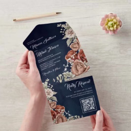 Invitación Todo En Uno Boda de código QR azul de la Marina Floral de Terr