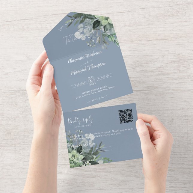 Invitación Todo En Uno Boda de código QR azul Dusty Botánico (desgarro)