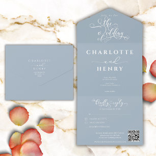 Invitación Todo En Uno Boda de código QR azul elegante y rizado minimalis