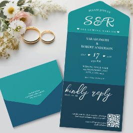 Invitación Todo En Uno Boda de código QR azul retro
