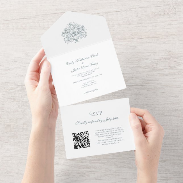 Invitación Todo En Uno Boda de código QR Barroco Barroco azul elegante de (desgarro)