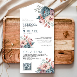 Invitación Todo En Uno Boda de código QR con flores azules y rosas