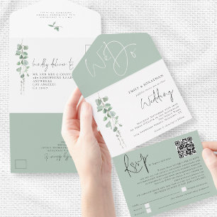 Invitación Todo En Uno Boda de código QR con guión de eucalipto moderno
