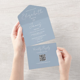 Invitación Todo En Uno Boda de código QR con guión elegante y azul turbio
