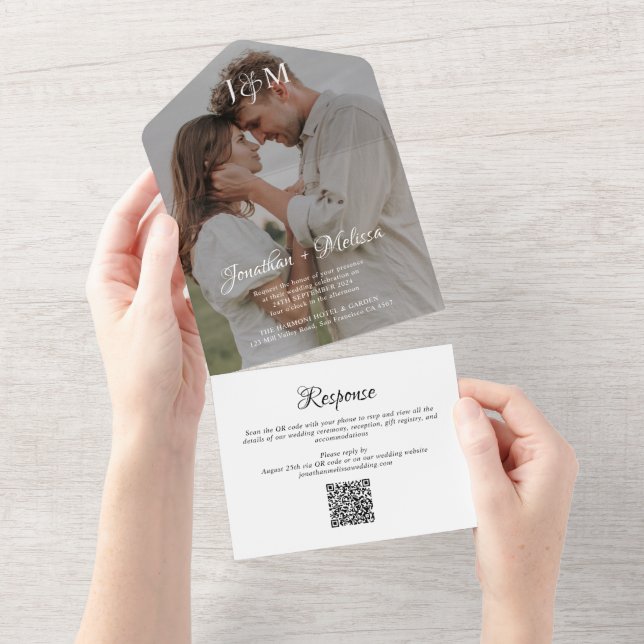 Invitación Todo En Uno Boda de código QR con guión gráfico monográfico el (desgarro)