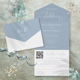 Invitación Todo En Uno Boda de código QR con guión Minimalista azul turbi