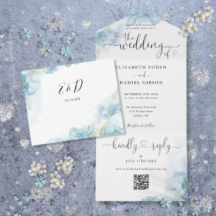 Invitación Todo En Uno Boda de código QR Corazones de guiones de color az