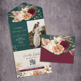 Invitación Todo En Uno Boda de código QR de Boho Emerald