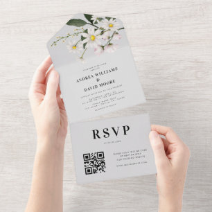Invitación Todo En Uno Boda de código QR de color de agua de margarita fl