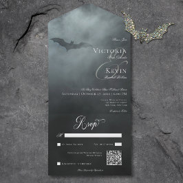 Invitación Todo En Uno Boda de código QR de Dark Moody Midnight Bat & Fog
