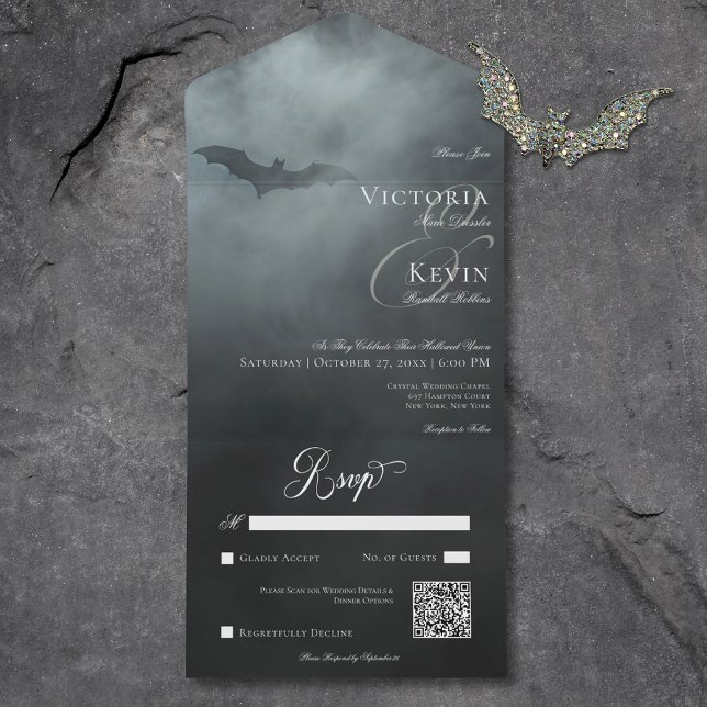 Invitación Todo En Uno Boda de código QR de Dark Moody Midnight Bat & Fog (Dark Moody Midnight Bat & Fog QR Code Wedding All In One Invitation)