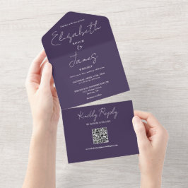 Invitación Todo En Uno Boda de código QR de escritura elegante moderna pú