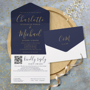 Invitación Todo En Uno Boda de código QR de escritura moderna en azul mar