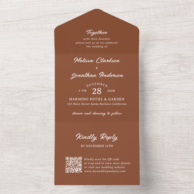 Invitación Todo En Uno Boda de código QR de escritura rústica moderna de  (Interior)