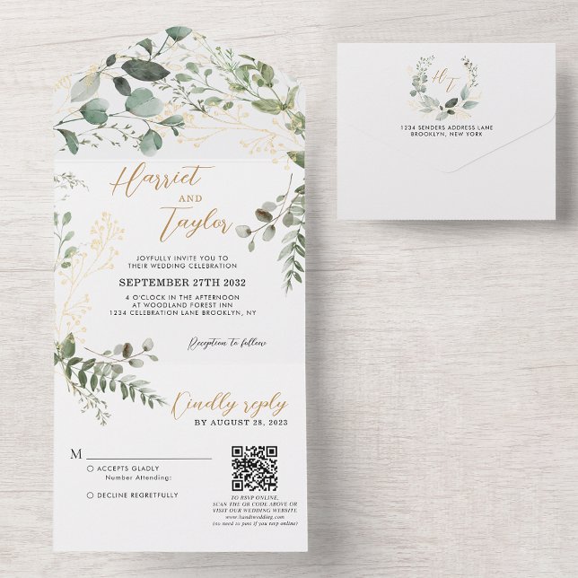 Invitación Todo En Uno Boda de código QR de Eucalyptus Monograma (Subido por el creador)