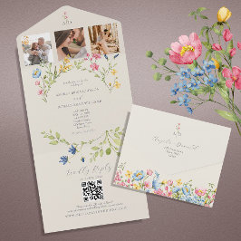 Invitación Todo En Uno Boda de código QR de flor silvestre