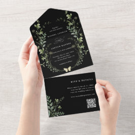 Invitación Todo En Uno Boda de código QR de Flor Silvestre Elegante Negra