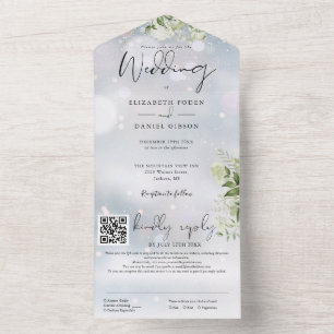 Invitación Todo En Uno Boda de código QR de Floral de Verdor de Invierno