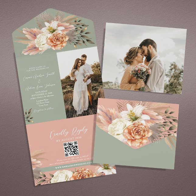 Invitación Todo En Uno Boda de código QR de floral verde de salvia (Subido por el creador)