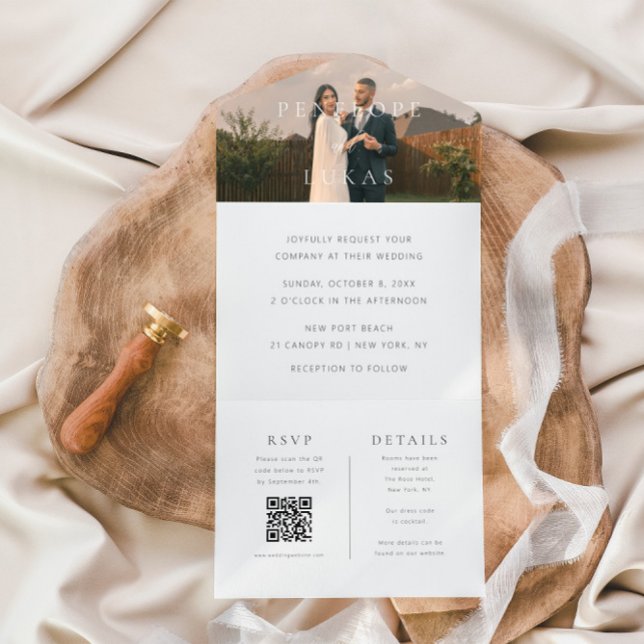 Invitación Todo En Uno Boda de código QR de foto mínima clásica (Subido por el creador)