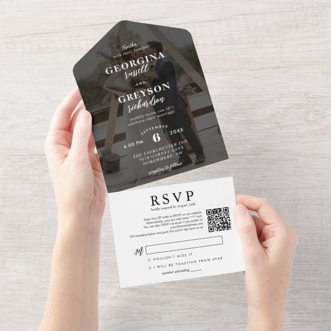 Invitación Todo En Uno Boda de código QR de foto RSVP en blanco (desgarro)