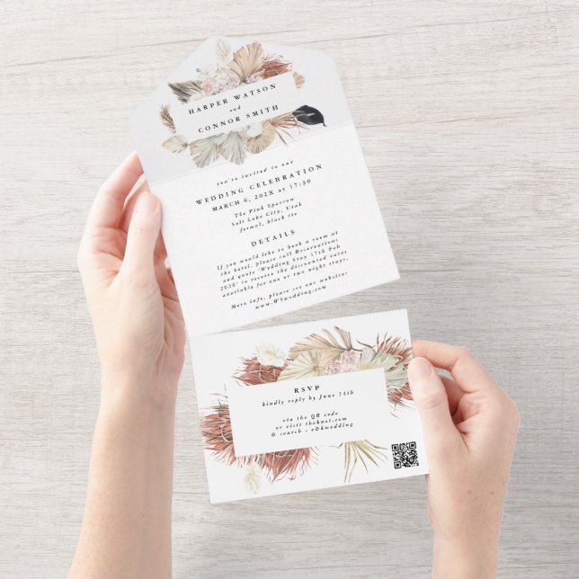 Invitación Todo En Uno Boda de CÓDIGO QR de Grass Wreath Pampas moderno (desgarro)