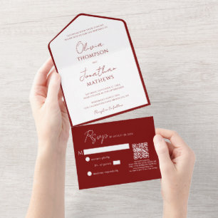 Invitación Todo En Uno Boda de código QR de guión simple de borde rojo