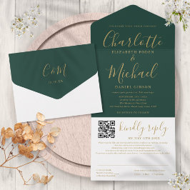 Invitación Todo En Uno Boda De Código QR De Guión Verde Esmeralda Y Dorad