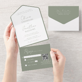 Invitación Todo En Uno Boda de código QR de guión verde simple