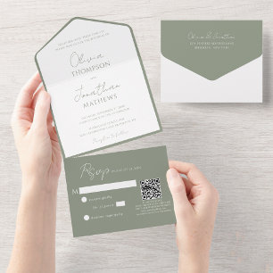 Invitación Todo En Uno Boda de código QR de guión verde simple