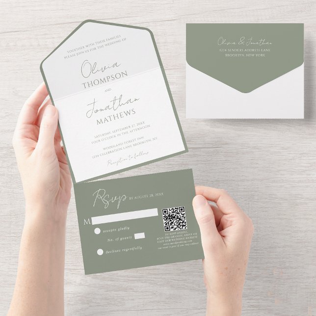 Invitación Todo En Uno Boda de código QR de guión verde simple (Subido por el creador)