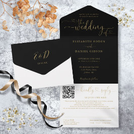 Invitación Todo En Uno Boda de código QR de guiones Minimalistas en negro