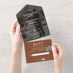 Invitación Todo En Uno Boda de código QR de la foto de RSVP de Terracota 