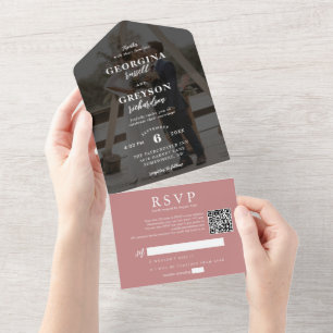 Invitación Todo En Uno Boda de código QR de la foto RSVP rosa y polvorien