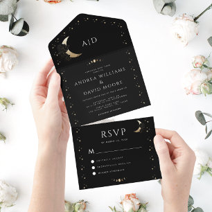 Invitación Todo En Uno Boda de código QR de la Luna de Oro Celestial Negr
