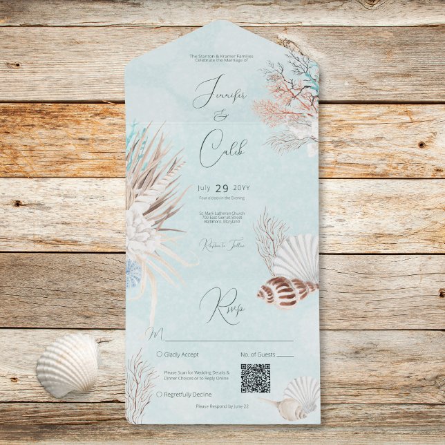 Invitación Todo En Uno Boda de código QR de las conchas oceánicas acuátic (Modern Aqua Ocean Shells QR Code Wedding All In One Invitation)