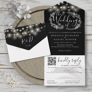 Invitación Todo En Uno Boda de código QR de las luces de cadena blanca y 