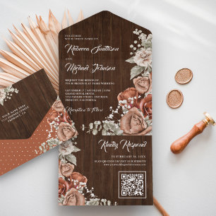 Invitación Todo En Uno Boda de código QR de madera de granero floral de t