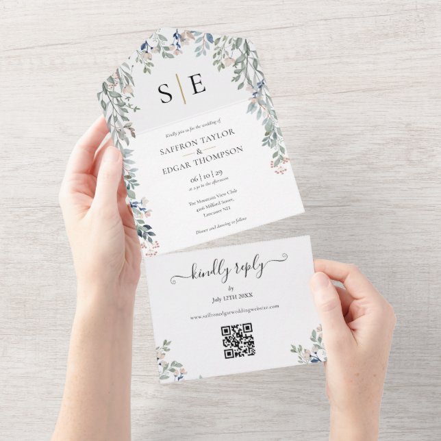 Invitación Todo En Uno Boda de código QR de monograma (desgarro)