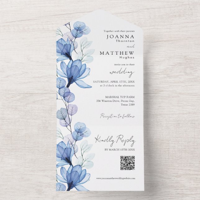 Invitación Todo En Uno Boda de código QR de monograma azul turbio (Interior)